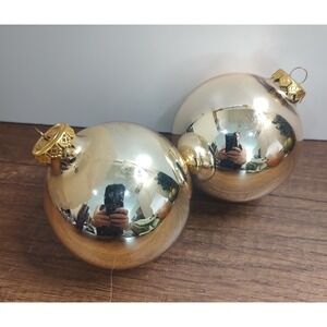 Vintage HD Shiny Gold Glass Ball Christmas Ornaments 4" Lot Of 2 B12